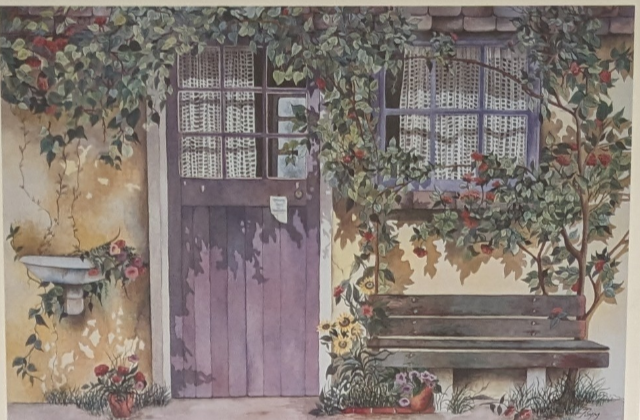 Lavender Cottage — a watercolor painting of a weathered purple cottage door framed by climbing ivy, flowers, and a garden bench